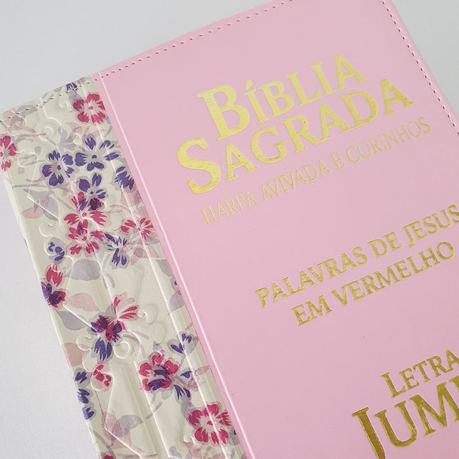 Bíblia Sagrada Harpa Avivada e Corinhos | ARC | Letra Jumbo | Índice | Bicolor Floral e Rosa