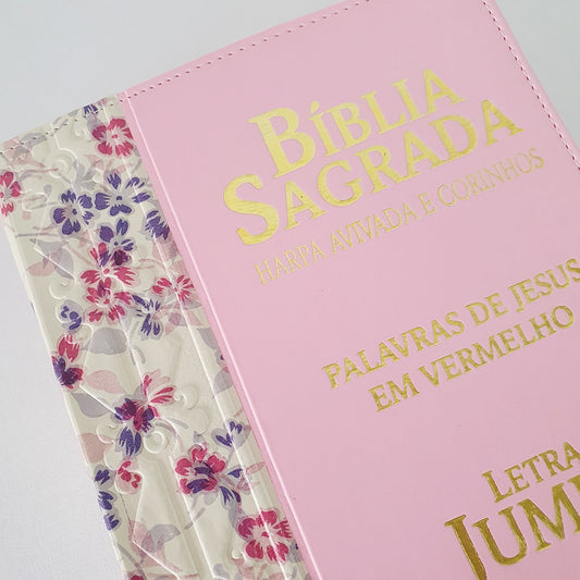 Bíblia Sagrada Harpa Avivada e Corinhos | ARC | Letra Jumbo | Índice | Bicolor Floral e Rosa