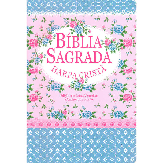 Bíblia Sagrada | ARC | Letra Gigante | Harpa Cristã | Capa Brochura Floral Rosa