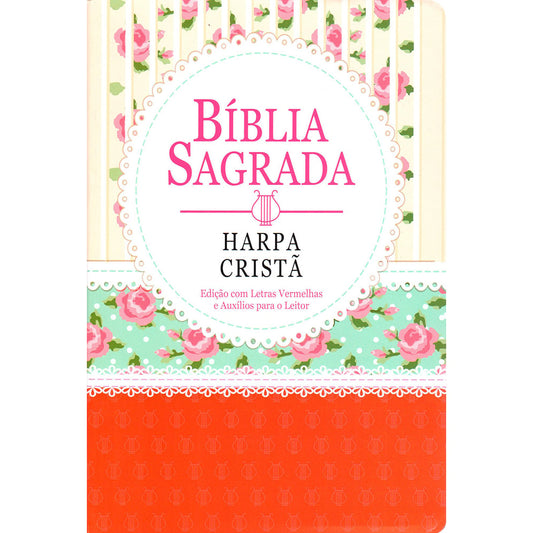Bíblia Sagrada | ARC | Letra Gigante | Harpa Cristã | Capa Brochura Floral Vermelha