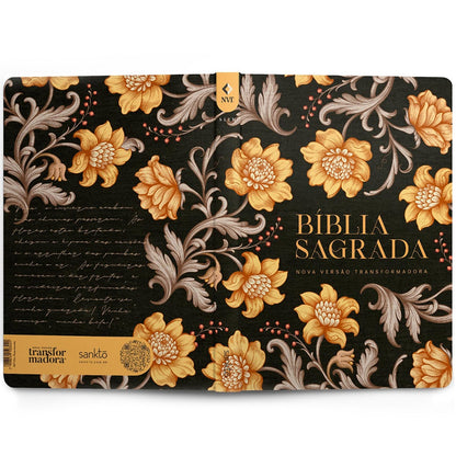 Bíblia Sagrada Slim Flores Douradas | NVT | Letra Maior | Capa Flexível