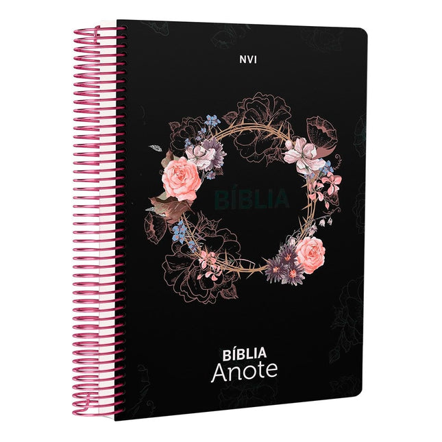 Bíblia Anote Espiral Flores Preta | NVI | Letra Normal | Com Espaço Para Anotações