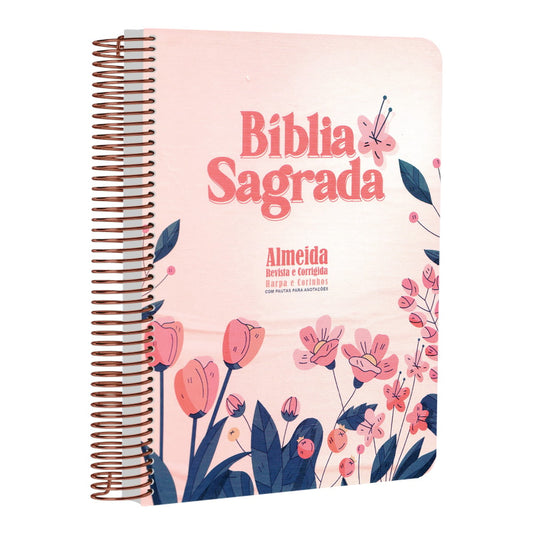 Bíblia com Pautas para Anotações | ARC | Harpa e Corinhos | Letra Normal | Capa Dura Espiral Flores Cartoon