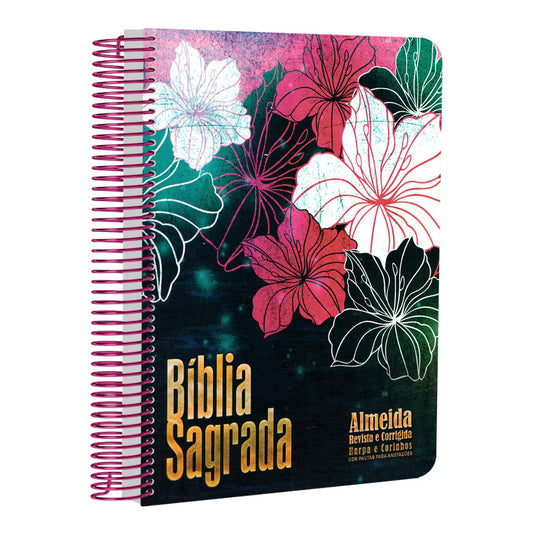 Bíblia com Pautas para Anotações | ARC | Harpa e Corinhos | Letra Normal | Capa Dura Espiral Floral Magenta