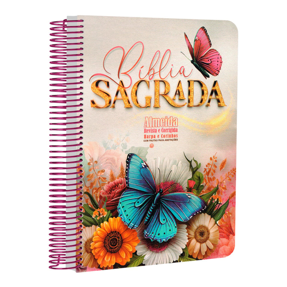 Bíblia com Pautas para Anotações | ARC | Harpa e Corinhos | Letra Normal | Capa Dura Espiral Flores e Borboletas