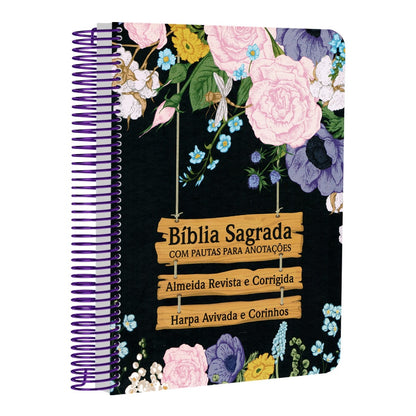 Bíblia com Pautas para Anotações | ARC | Harpa e Corinhos | Letra Normal | Capa Dura Espiral Jardim Preta