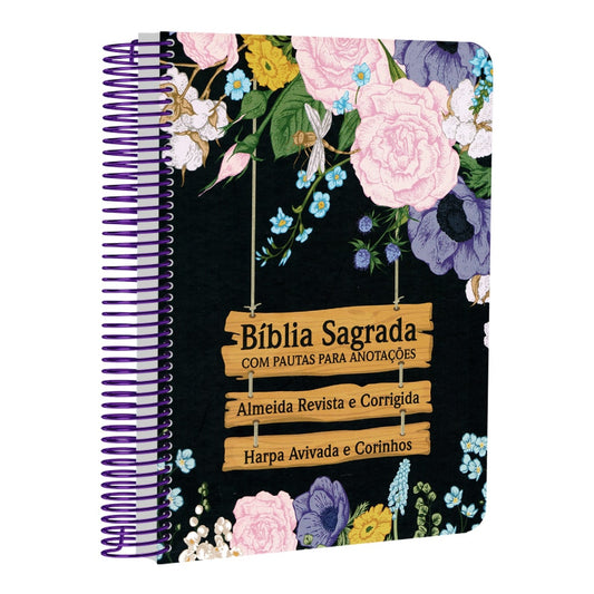 Bíblia com Pautas para Anotações | ARC | Harpa e Corinhos | Letra Normal | Capa Dura Espiral Jardim Preta