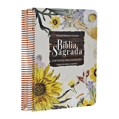 Bíblia com Pautas para Anotações | ARC | Harpa e Corinhos | Letra Normal | Capa Dura Espiral Girassol