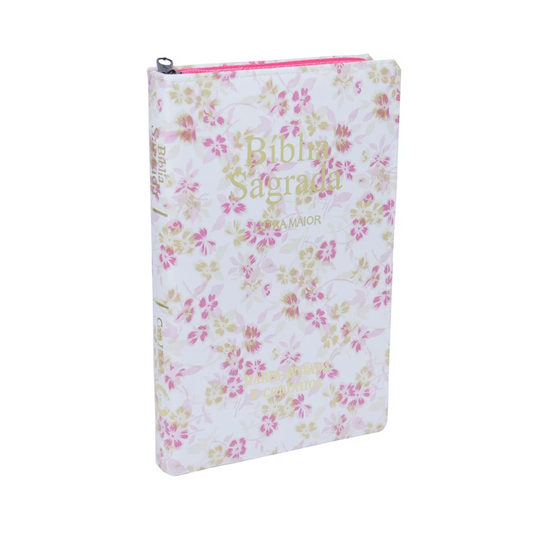 Bíblia Sagrada Slim C/ Zíper | ARC | Letra Maior | Capa Luxo Floral Rosa
