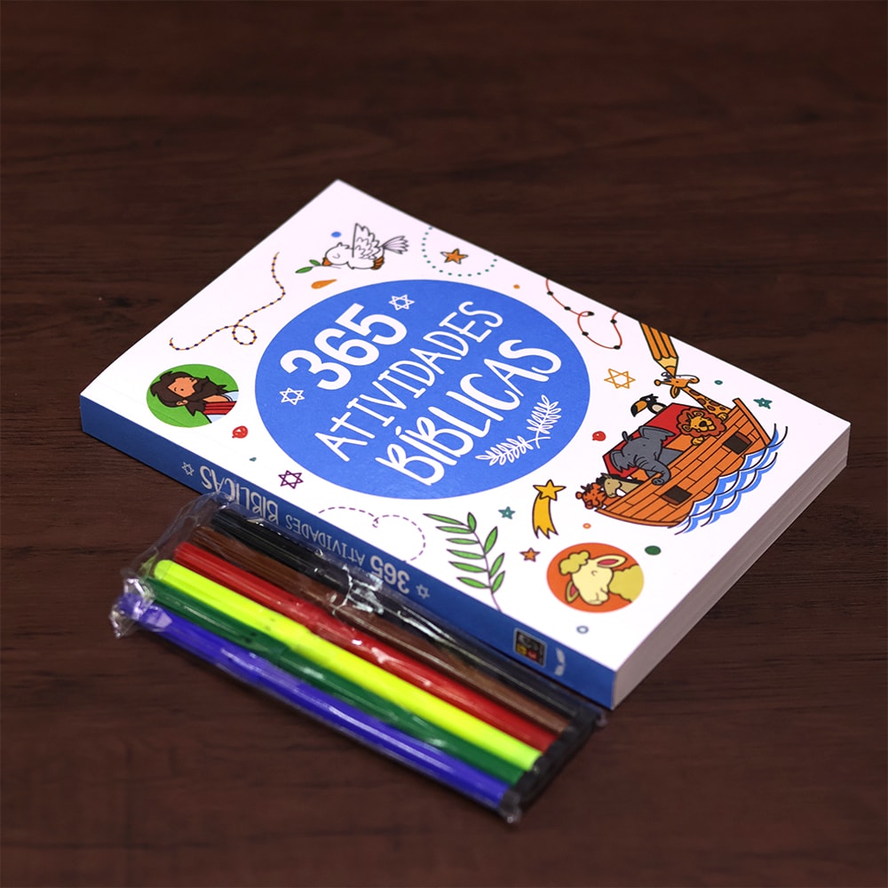 Conjunto 365 Atividades Bíblicas | Caixa Customizável | Com Canetinha Hidrográfica | 3 Anos