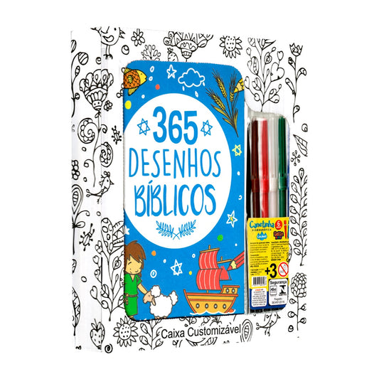 Conjunto 365 Desenhos Bíblicos | Caixa Customizável | Com Canetinha Hidrográfica | 3 Anos