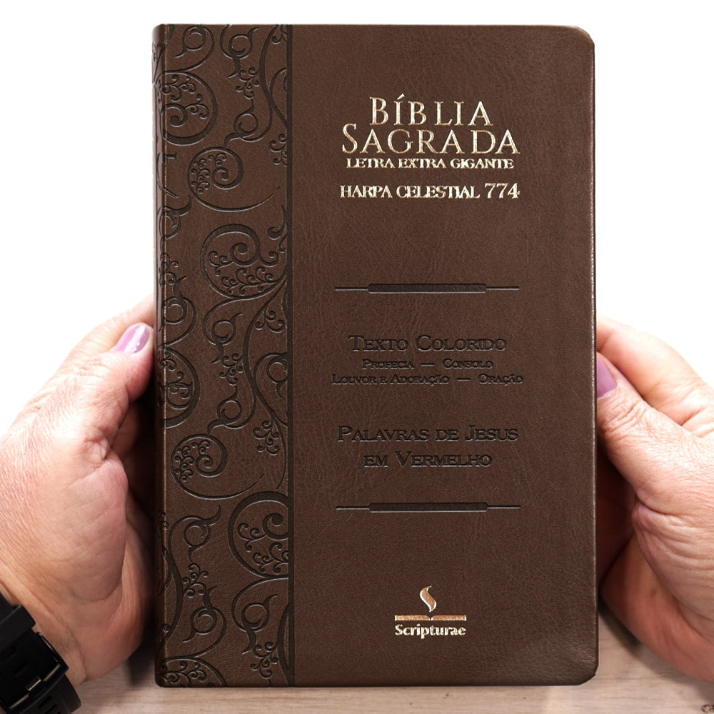 Bíblia Sagrada Harpa Celestial 774 | ERC | Letra Extra Gigante | Capa Marrom Claro Arabesco