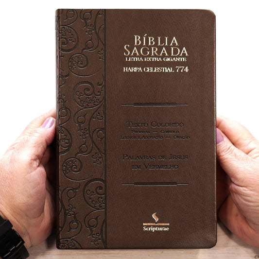 Bíblia Sagrada Harpa Celestial 774 | ERC | Letra Extra Gigante | Capa Marrom Claro Arabesco