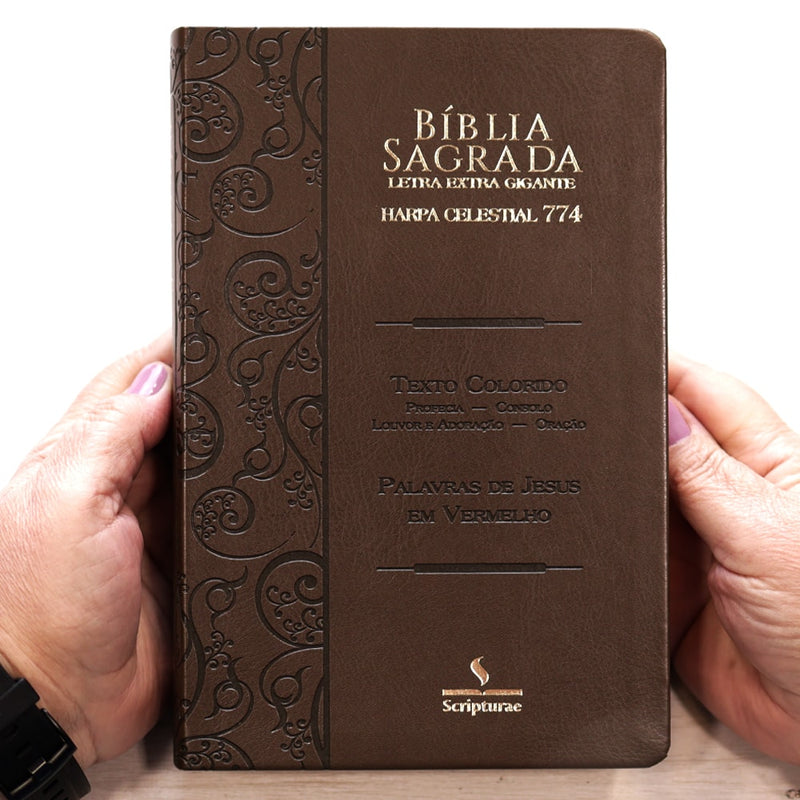 Bíblia Sagrada Harpa Celestial 774 | ERC | Letra Extra Gigante | Capa Marrom Claro Arabesco