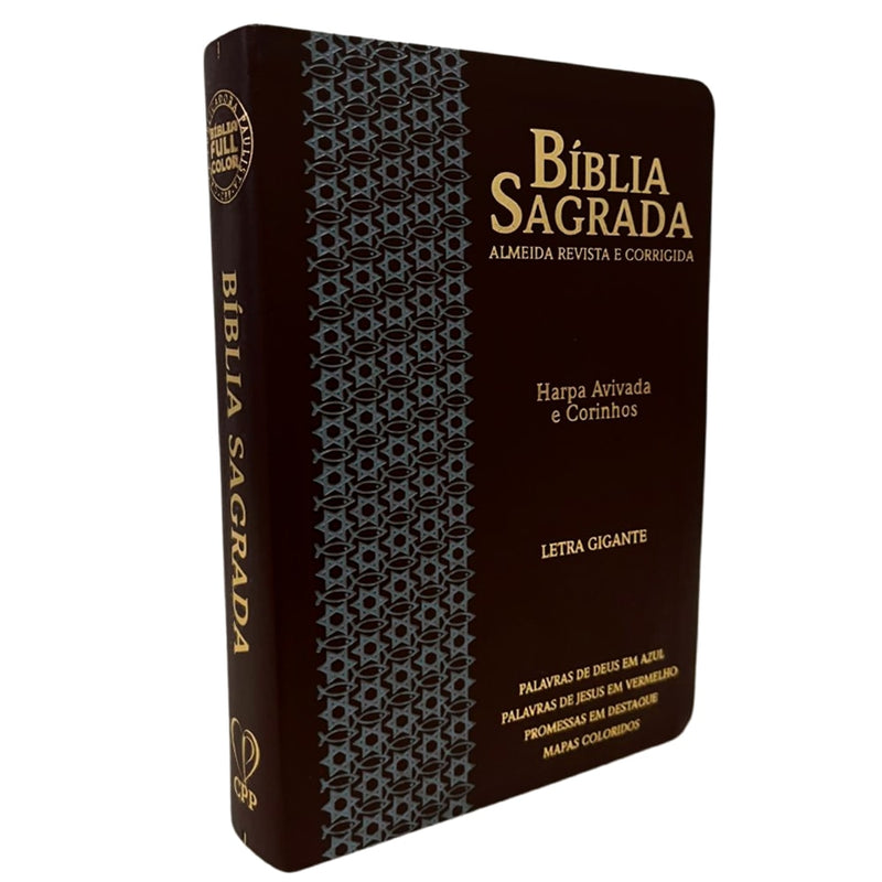 Bíblia Sagrada | Letra Gigante | ARC | Harpa Avivada e Corinhos | Capa PU Luxo Estrela Café e Cinza