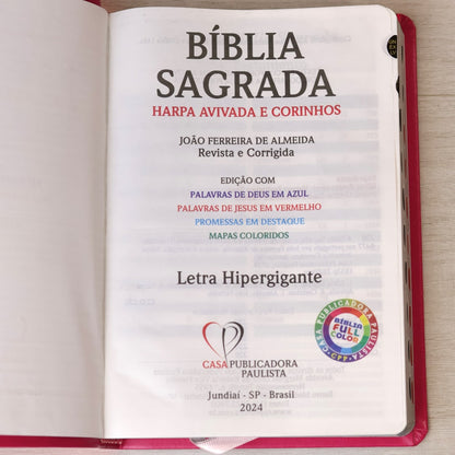 Bíblia Sagrada | Letra Hipergigante | ARC | Harpa Avivada e Corinhos | Capa PU Luxo Floral Dália Pink