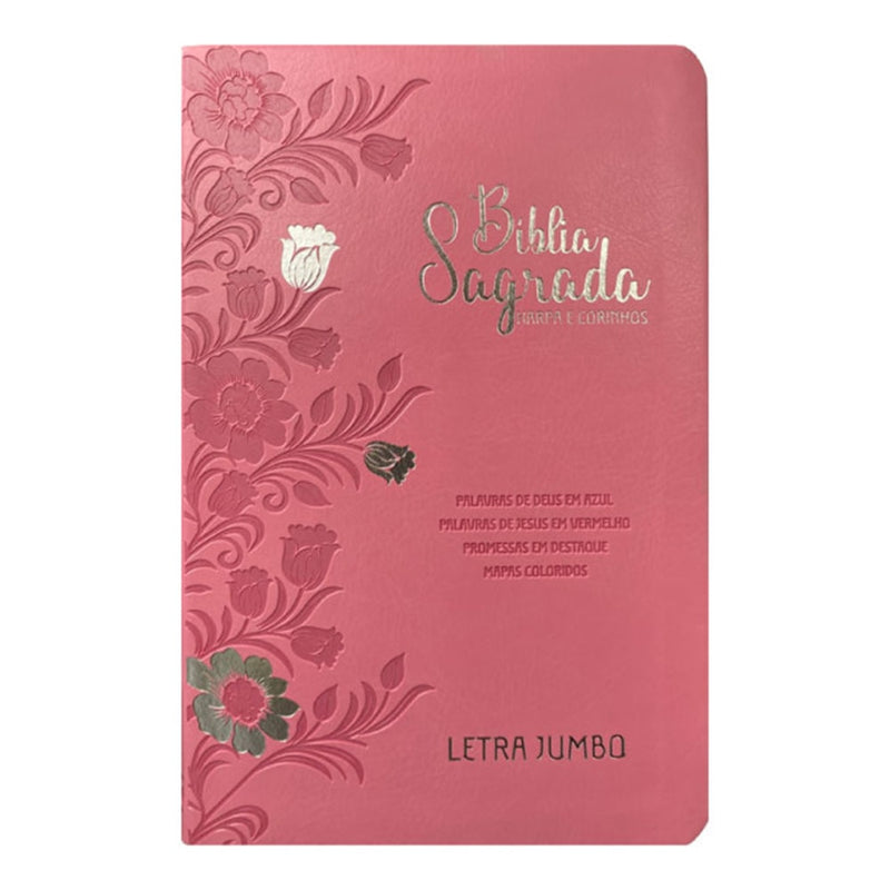 Bíblia Sagrada Letra Jumbo | ARC | Harpa Avivada e Corinhos | Capa PU Luxo Floral Rosa