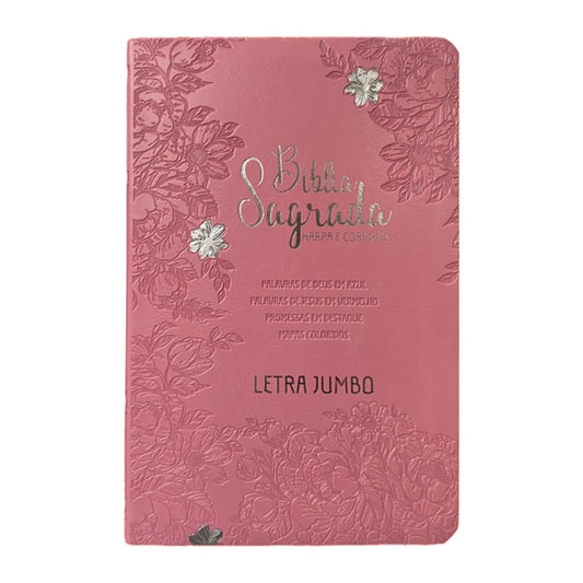 Bíblia Sagrada Letra Jumbo | ARC | Harpa Avivada e Corinhos | Capa PU Luxo Jardim Rosa