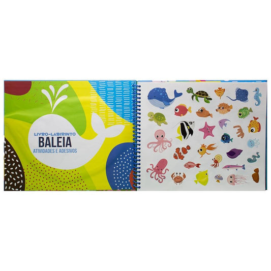 "LIVRO-LABIRINTO! ATIVIDADES, COLORIR E ADESIVOS: BALEIA
  "