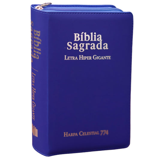 Bíblia Sagrada C/ Zíper | ARC | Letra Hipergigante | Capa Luxo Azul | Harpa Celestial 774