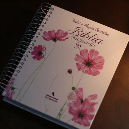 Bíblia King James 1611 Flor Cosmos | Textos e Mapas Coloridos | Espiral