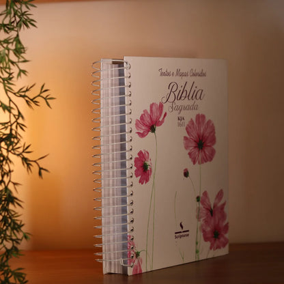 Bíblia King James 1611 Flor Cosmos | Textos e Mapas Coloridos | Espiral