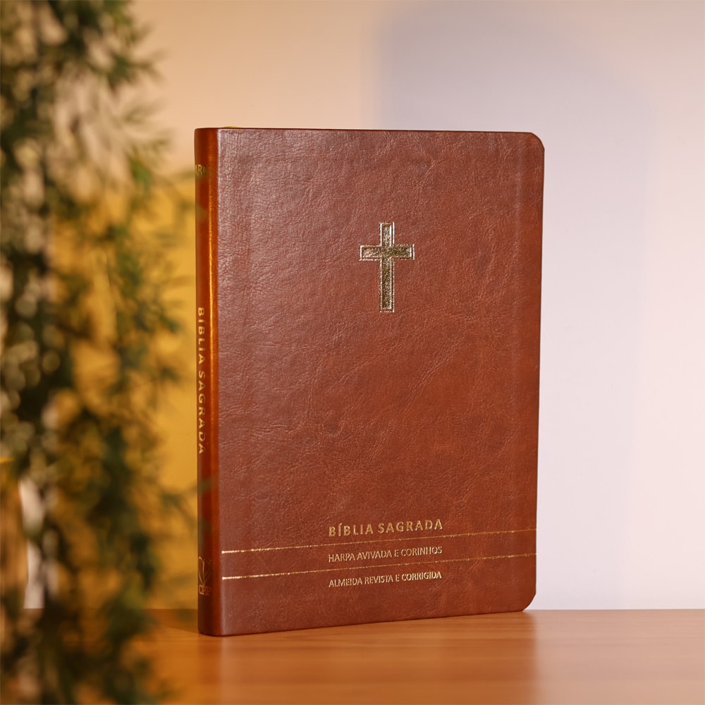 Bíblia Slim | Letra Normal | ARC | C/ Harpa e Corinhos | Capa Premium Luxo Cruz Marrom