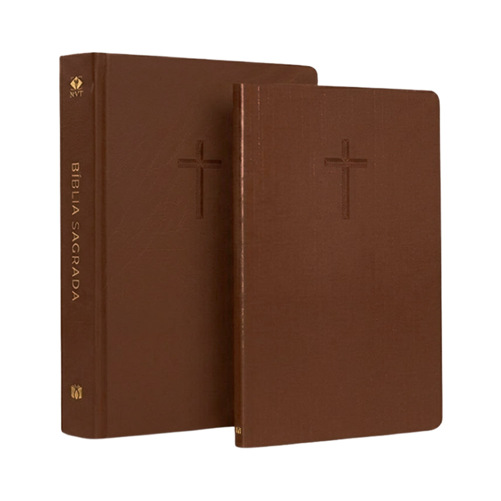 Kit Livro Bloco de Anotações e Bíblia Sagrada Slim Ele, Capa Brochura, marrom com cruz em relevo. — Plenitude