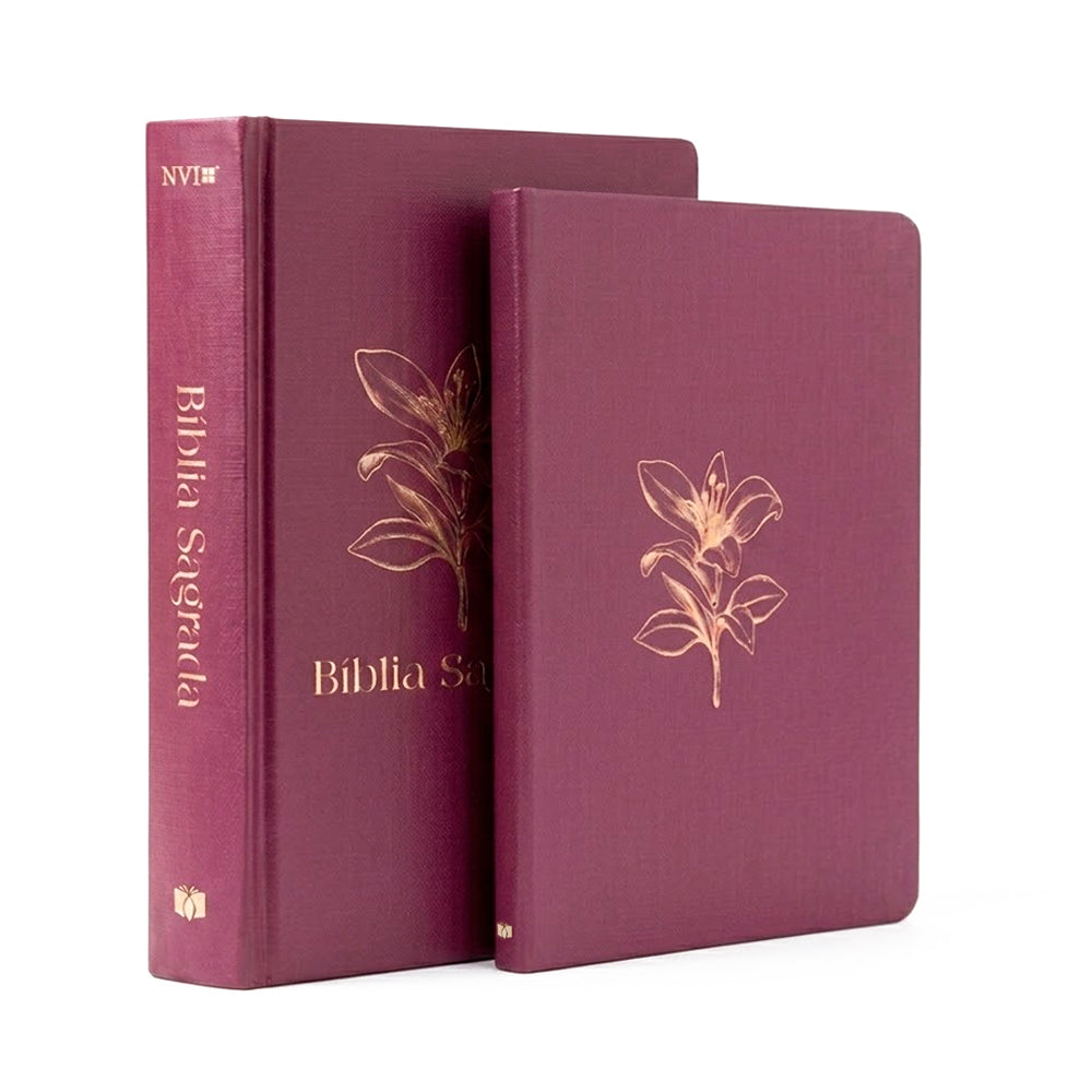 Kit Livro Bloco de Anotações e Bíblia Sagrada Feminina, Capa Brochura, bordô com estampa de lírio. — Plenitude