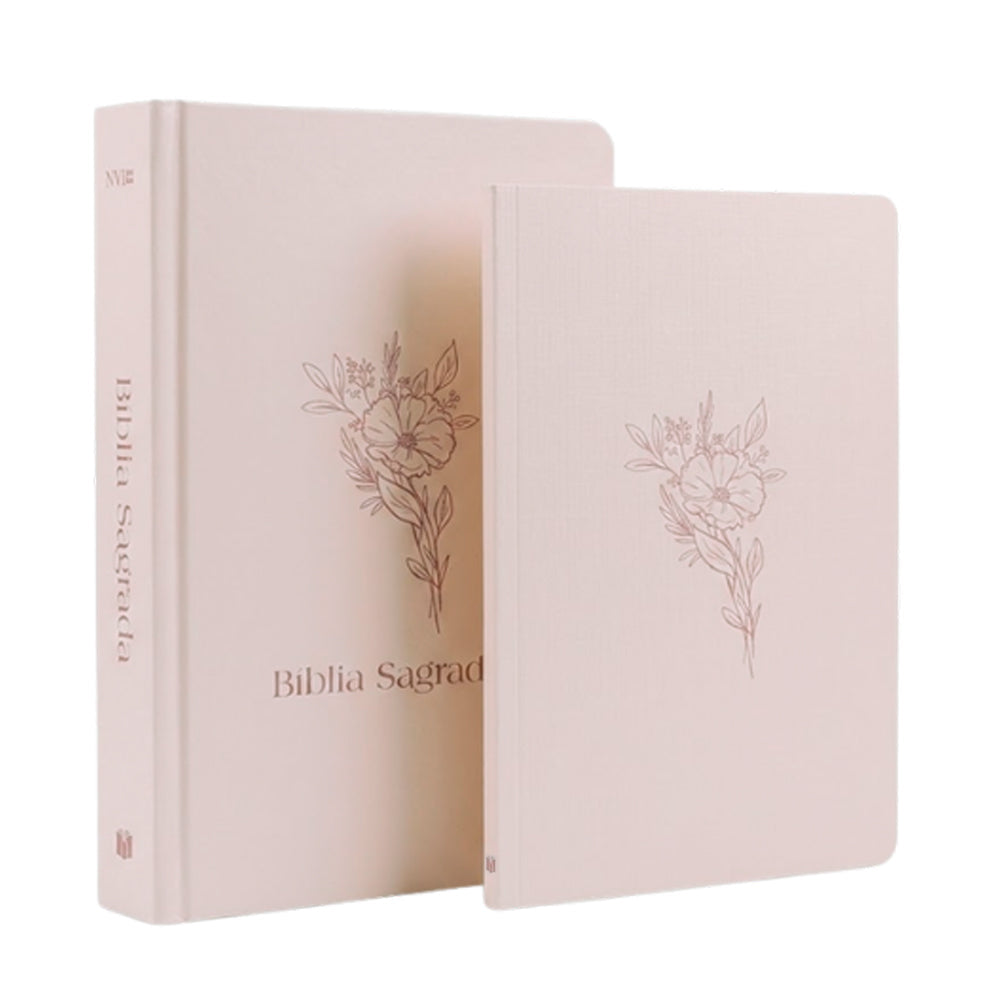 Kit Livro Bloco de Anotações e Bíblia Sagrada Flor, Capa Brochura, bege com estampa floral. — Plenitude