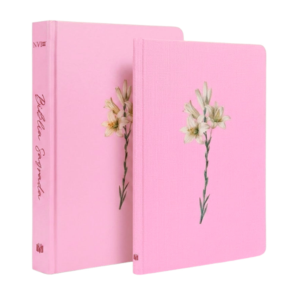 Kit Livro Bloco de Anotações e Bíblia Sagrada Lírios, Capa Brochura, rosa com lírios brancos. — Plenitude