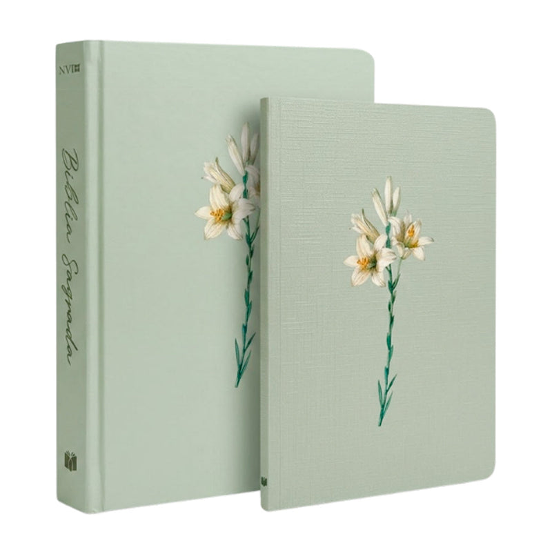 Kit Livro Bloco de Anotações e Bíblia Sagrada Lírios, Capa Brochura, verde menta com lírios brancos. — Plenitude