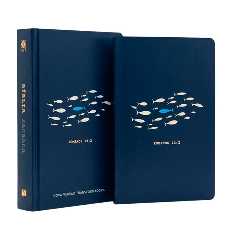 Kit Livro Bloco de Anotações e Bíblia Sagrada Slim Cor, Capa Brochura, azul marinho com peixes. — Plenitude